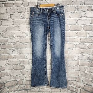 Miss Me Mini Flower Mid Rise Bootcut  Jeans Rhinestone Embellished Blue 30 x 32